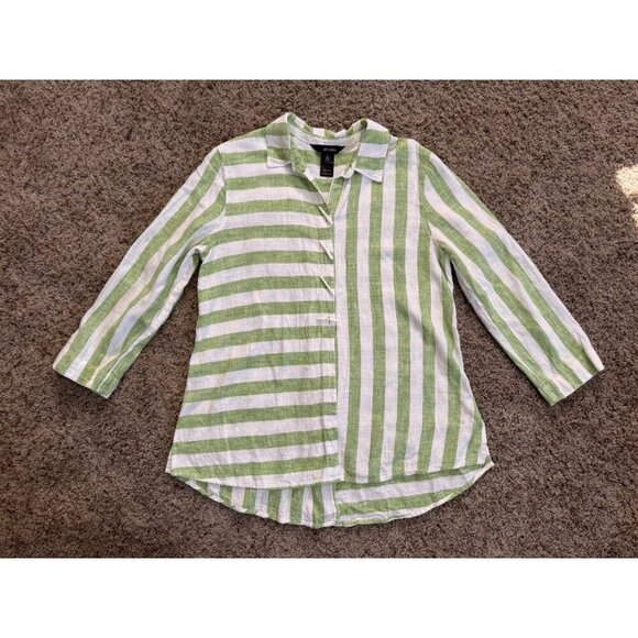 ALI MILES Linen Blend Button Up Tunic Top Back Zip Green Stripes Basic Minimal S - Picture 1 of 9